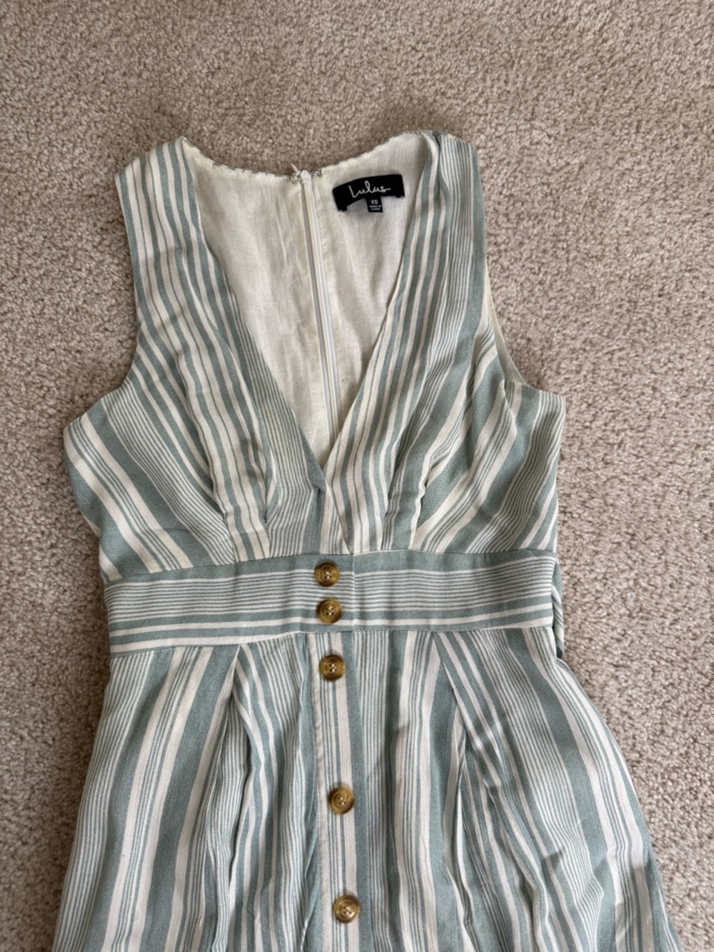 Lulu's Sage and White Striped V-Neck Midi Dress